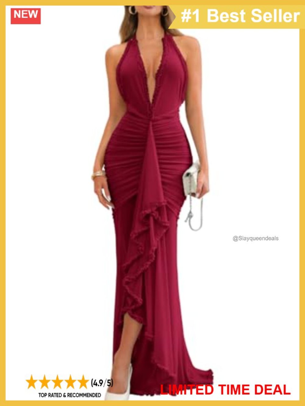 Ruffle Mermaid Formal Dress Halter Deep V Neck Backless Maxi Gown